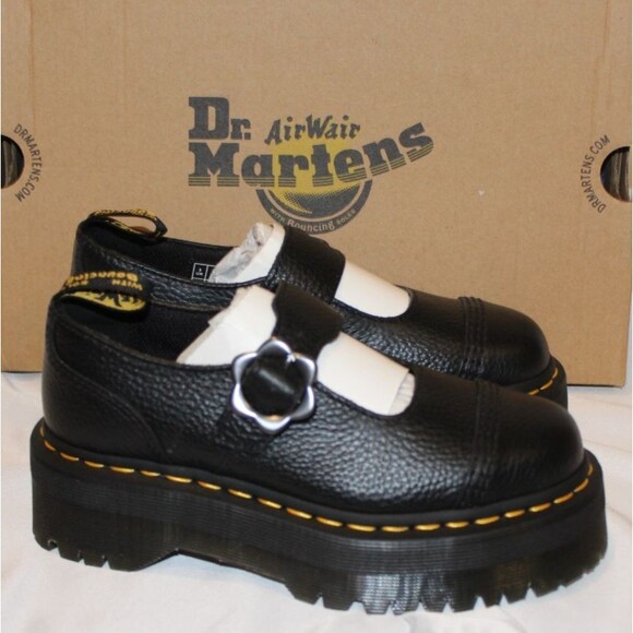 Dr‎ Martens Women Addina Flower Buckle Mary Jane Leather Platform Sandals BLACK - Picture 1 of 9